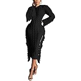 Sexyshine Women's Cable Knit Fringe Sweater Dress Long Sleeve Round Neck Tassel Trim A Line Midi Sweater Dresses