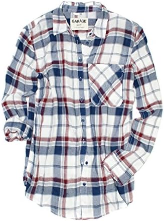 Garage Clothing Women's Super Soft Plaid Boyfriend Shirt (X-Small, Burgundy/Navy)