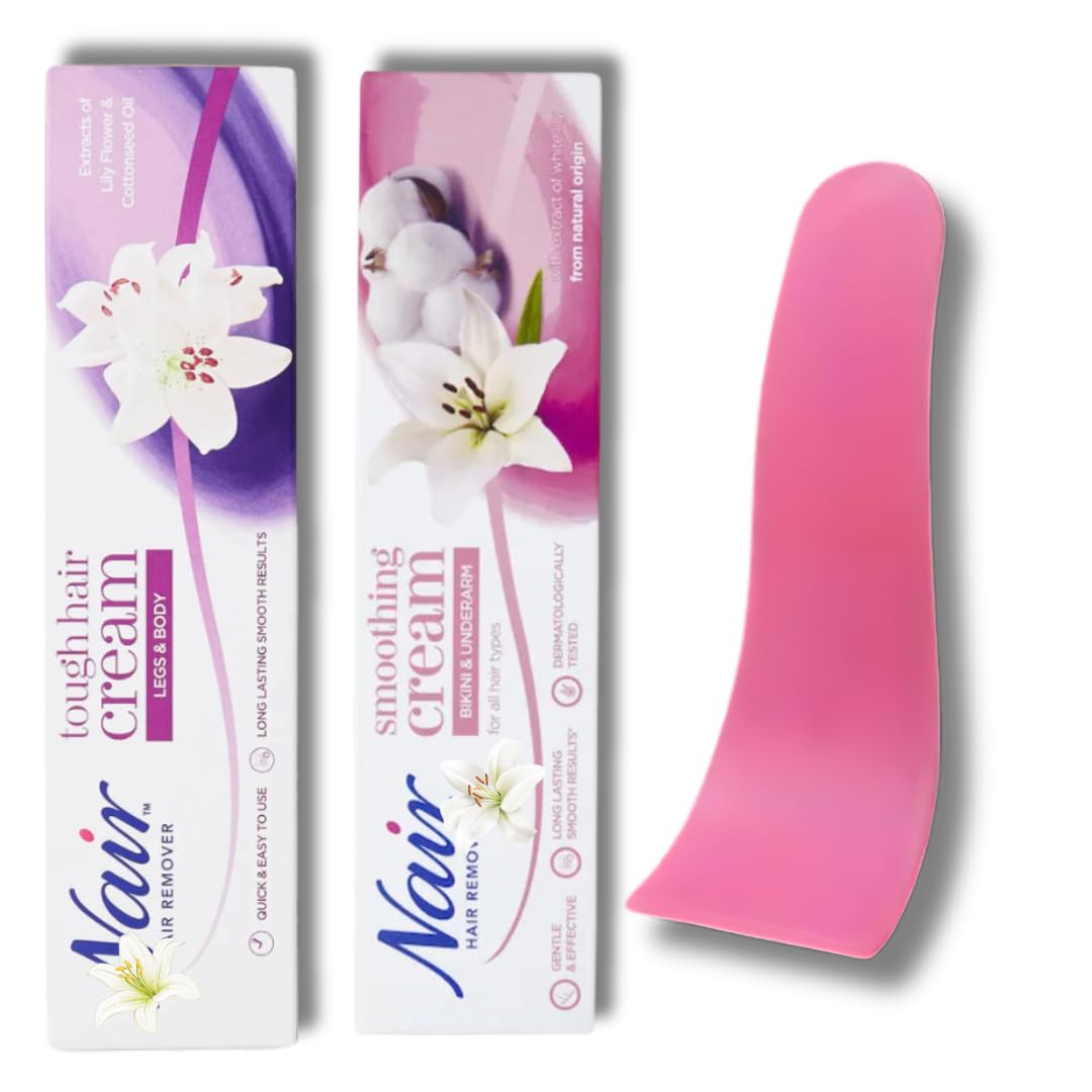 Nair Hair Removal Cream Bundle for Legs, Body, Bikini, and Underarms with BVO Luxe Depilatory Spatula Tool - Complete Hair Removal Solution for Smooth Skin