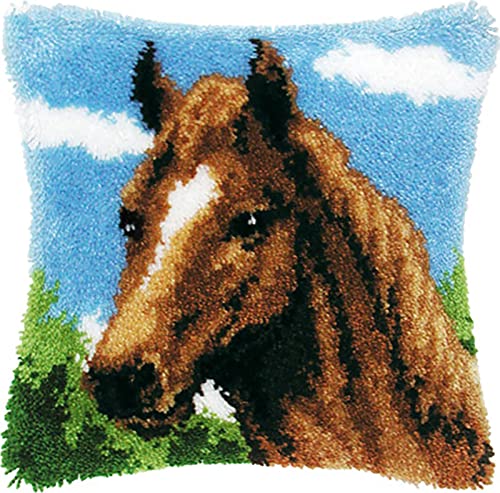 TEZKIM Latch Hook Kits for Adults DIY Horse Throw Pillow Cover Creative Gift Cushion Cover with Printed Canvas Hand Craft Kits Arts Crafts Sewing for Beginners 16.9Inch X16.9Inch