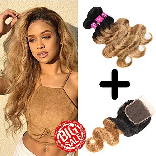 Ombre Color 1B-27 Body Wave 9A Brazilian Virgin Human Hair 3 Bundles With Lace Frontal 4X4 Closure Hair Extensions (20 22 24 + 18, Ombre Color 1B-27)