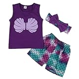 3pcs Baby Girls Shell Vest Top+Mermaid Shorts+Headband Outfit Clothes Set (3T)