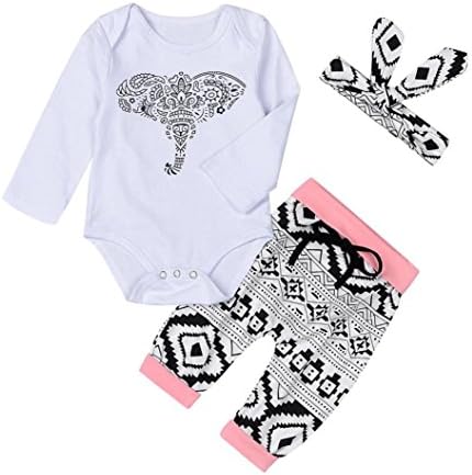 Wakeu Newborn Baby Girl Boy Clothes Elephants Romper Geometric Pants Headband (6-12 months, White)