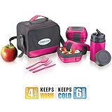 Lunch Box Bag Set for Adults and Kids ~ Pinnacle Insulated Leakproof Thermo Lunch Kit *Lunch Bag *Thermos *2 Lunch Container *Matching Cutlery ~ Pink