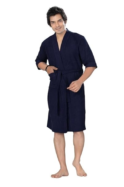 Elevanto Premium Collection 3/4Th Sleeve Terry Cotton Bathrobe-Free Size(Navy Blue-Men)