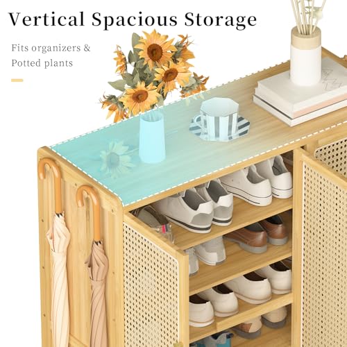 Bamboo Shoe Cabinet with Rattan Doors, 5-Tier Entryway Shoe Shelf Organizer, Storage Cabinet with Hooks Shoe Chest for Hallway Living Room Bedroom 90.5x35x107cm