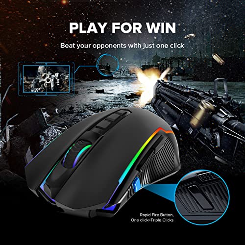 Redragon Wireless Gamer Mouse, Rechargeable Wireless Mouse with 8000 DPI, Ergonomic, RGB, 9 Buttons Programmable with Fire Button, 70 Hours, Gaming Mouse for Windows and Mac – Black