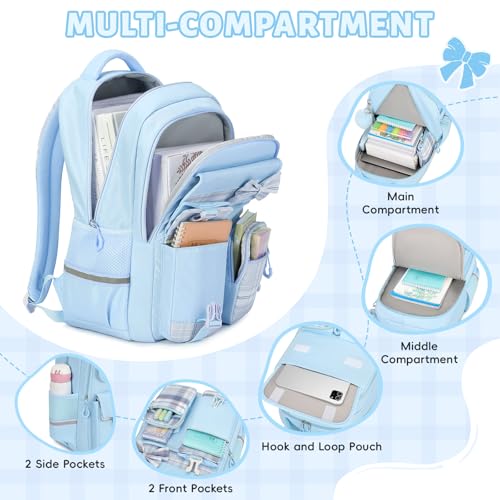 Tanou Girls' Primary School Backpack | Waterproof Daypack for Teens, Kawaii Checked School Bag for Girls 9-16 Years Old for Travel, Blue