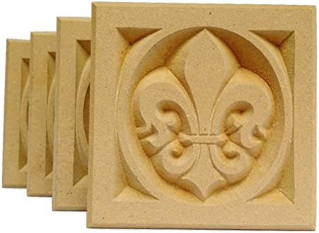 Set of 4: Carved Fleur de Lis Rosette Blocks, Made in USA (3.5"x3.5" MDF (Paint Grade))