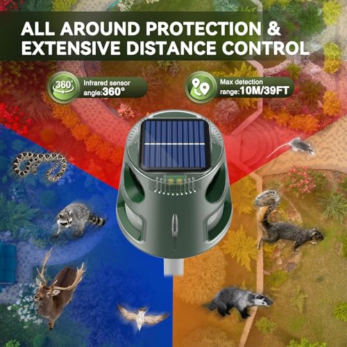 Ahuyentador de gatos ultrasónico solar, para jardín, impermeable, 5 modos, ajustable, carga solar, 360°, eficaz para gatos, perros, pájaros, ratones