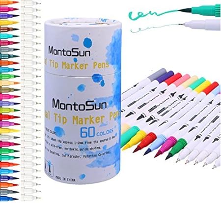 Amazon Montosun アートマーカー 水彩ペン 60 カラーペンセット子供 大人の塗り絵 画筆 水彩毛筆 水性ペン 蛍光ペン 細字 太字両用 オフィス用品 学習事務用 筆記具 アートマーカー 文房具 オフィス用品