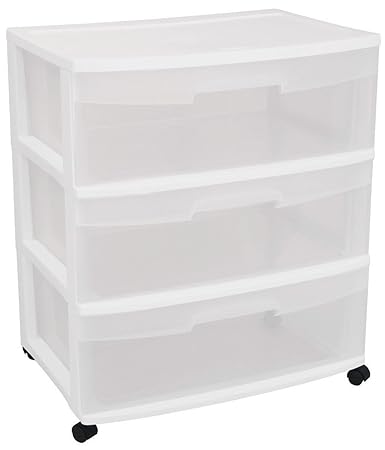 Sterilite 29308001 Wide 3 Drawer Cart White Frame With Clear