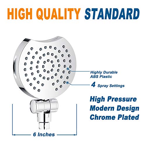 Suptaps 6" Inch High Pressure 4Settings Rain Shower Head, Fixed
