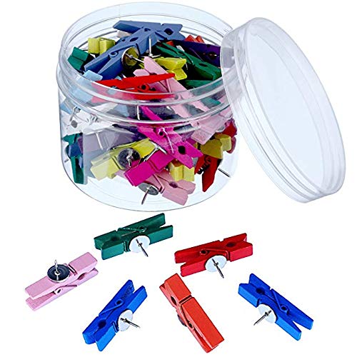 50Pcs/Set Push Pins with Colorful Wooden Clip Pushpins Thumb Tacks for Cork Boards Bulletin Boards Cubicle Walls, No Holes for Paper(Random Color)