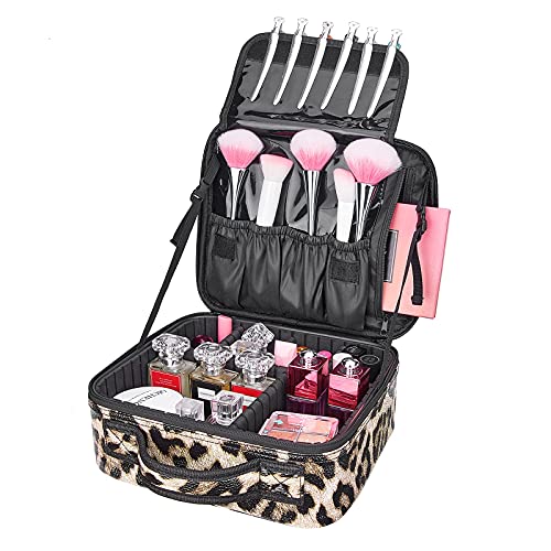 Large Cosmetic Bag, AIMEI Makeup Bag Professional Makeup Organizer Bag, Double Layer Waterproof Cosmetic Case for Women & Girl, Travel Toiletries Cosmetic Bag with Brush Pot & Durable Zipper (Leopard Print) S