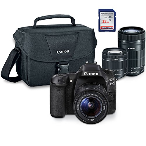 Canon EOS 80D Digital SLR Camera Kit with EF-S 18-55mm STM + EF-S 55+250mm IS STM + ES100 Case + 32GB Class 10 SD Card - International Version