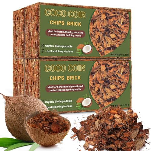 4 Pcs Coconut Coir Chips for Plants, 4.4 LB 100% Organic Coco Husk Chip Bricks with Low EC and pH Balanced, Easy to Expand Coco Coir Mulch Medium for Garden Flowers & Reptile Bedding