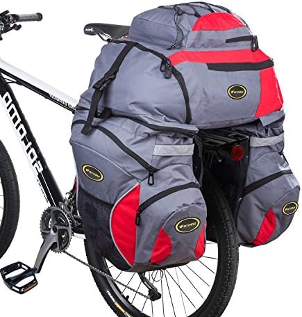 Bike Panniers,Mikphone Pannier Bags 3 in 1 Double Rear Bicycle Trailers Bags Large Capacity 65L Detachable Strong Hook and Reflective Trim with Rain Cover for Biking Hiking Climbing Traveling (red)