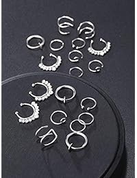 Blulu - Juego de aros de nariz falsos de acero inoxidable para piercing de nariz, labio, oreja, piercing de nariz, anillo de tabique no perforado, broche en el cartílago, 19 piezas en total, 6 estilos
