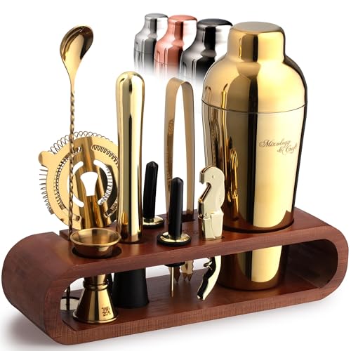 Mixology Cocktail Shaker Set - 10-Piece Cocktail Making Set - Home Bartender Kit in Mahogany Stand with Spoon, Boston Shaker, Other Tools for Drink Mixing, Martini, Mocktail - Gift Set (Gold)