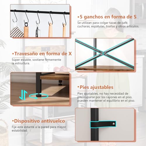 LOKOOY Alacena de Almacenamiento de 5 Niveles, Estante de Cocina con Enchufes y 5 Ganchos，Estante de Microondas, Mueble Multiusos de Cocina, Sala, Oficina，Cafetería