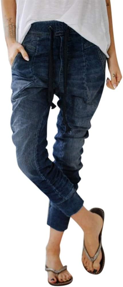 iYYVV Women Pull-on Distressed Denim Joggers Elastic Waist Stretch Pants
