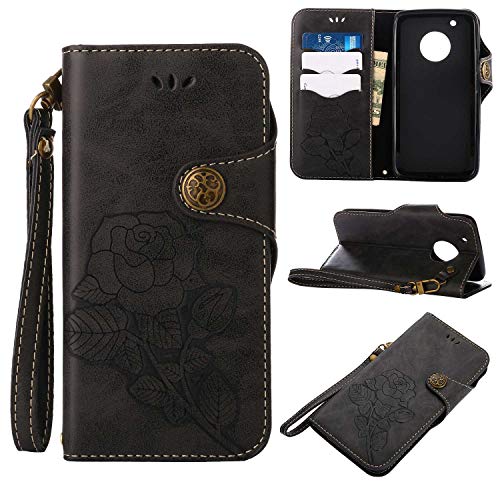 Moto G5 Protective Case, UNEXTATI Vintage Rose Pattern Stand PU Leather Flip Cover, Wallet Case Cover with Hand Strap for Moto G5 (Black) - Thumbnail 7