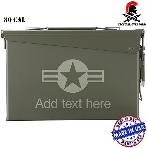 Personalized Custom 30 Cal Ammo Can Box New Steel Ammo Box Military &amp; Army M19A1 for Long Term Waterproof Ammunition &amp; Valuables Storage Laser US Air Force Stars and Stripes Add Your Text