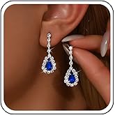Yheakne Boho Teardrop Sapphire Earrings Blue Crystal Rhinestone Drop Earring Silver Sapphire Teardrop Earrings Cz Tennis Chain Earrings Sparkly Bridal Wedding Statement Jewelry for Women