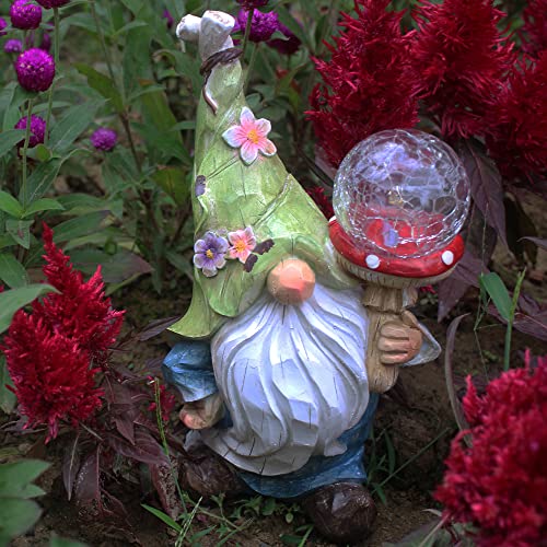 Garden Gnomes Statues Outdoor Decor with Solar Lights, Animal Outside Garden Decorations for Yard, Funny Gnome Gifts (Green)