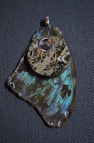 Blue Morpho Butterfly wing with Antique Watch Movement Pendant
