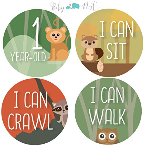 Monthly Milestone Stickers by Baby Nest - Colorful Woodland Animals for Newborns & Up, Celebrate 0-12 Months First Year Achievements | Perfect Shower Gift (16 Pack)