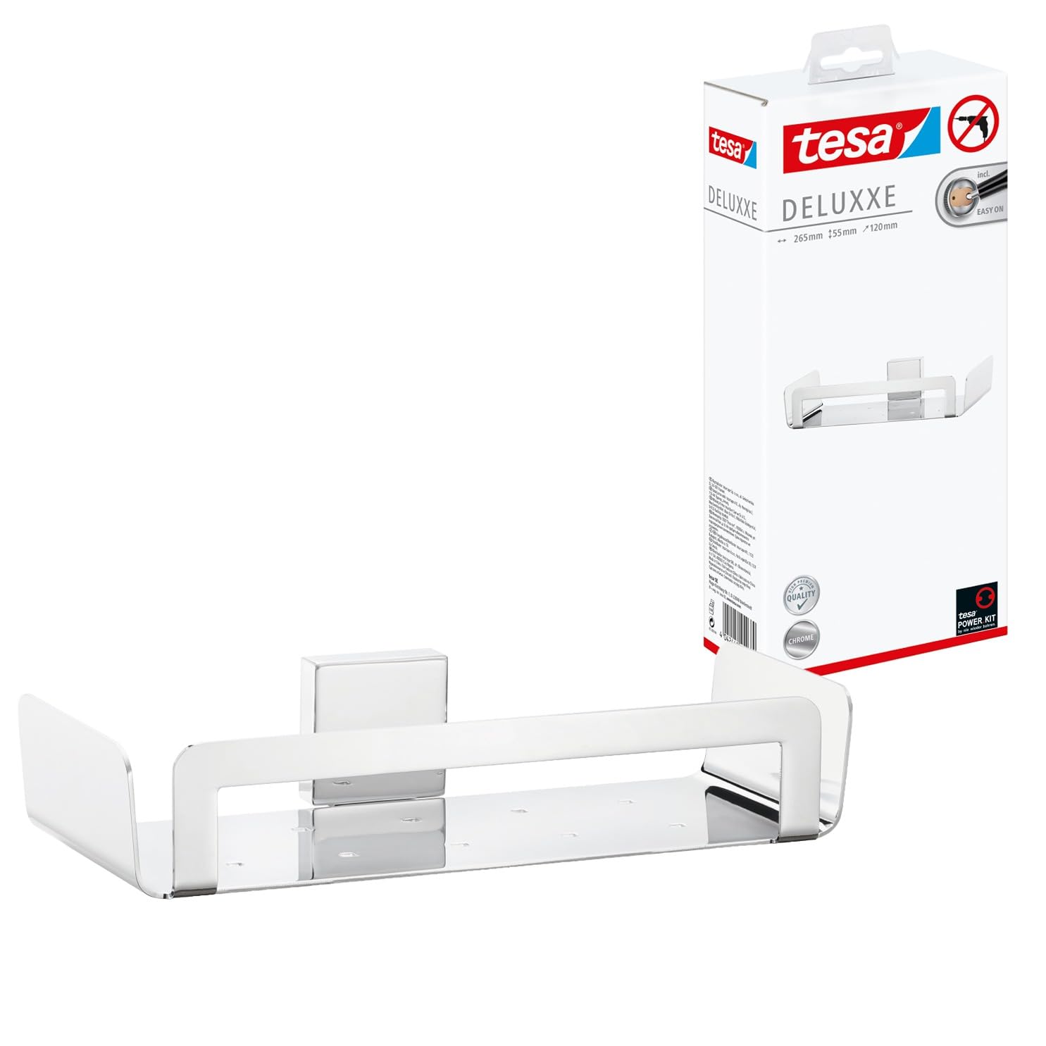 tesa DELUXXE shower basket, self-adhesive, high-gloss chromed metal, modern design, guaranteed stainless, 55mm x 265mm x 120mm