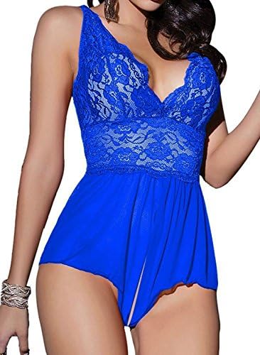 Farxierlo Sexy Lingerie Open Crotch Leotard Teddy Nightwear Lace Babydoll Blue L