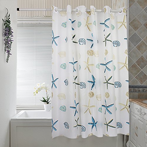 Beach Shower Curtain Hookless, PEVA Shower Curtain Liner Resistant Water- Repellent Bathroom Shower Curtain for Bathroom Hotel, 71''X71'' Starfish