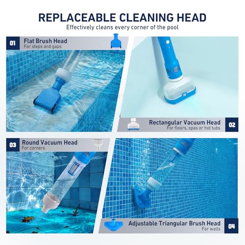 Aspirapolvere Piscina, Aspirapolvere Ricaricabile 3-in-1 con Palo Telescopico Regolabile (120cm-185cm), 70 Minuti di Funzionamento Aspirapolvere Pavimento Piscina per Piscine