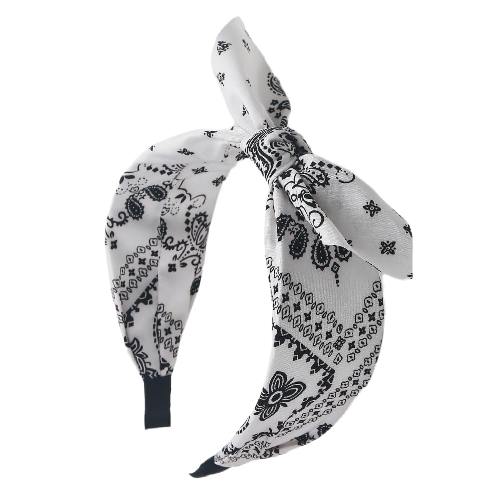 White Bandana Boho Headband for Women - Paisley Print Top Knot Hair Band With Bow - Halloween Girls Hair Accessories
