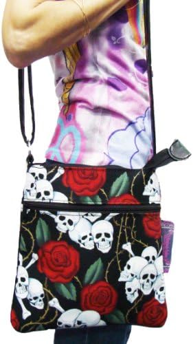 Skulls Red Roses Rockabilly Gothic Halloween Pattern Cross Over body Shoulder bag Style Handbag Purse cotton fabric, CSOP1007