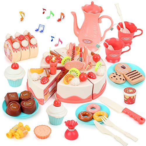 BeebeeRun Cutting Birthday Cake Toys,Pretend Play Food for Kids,Light