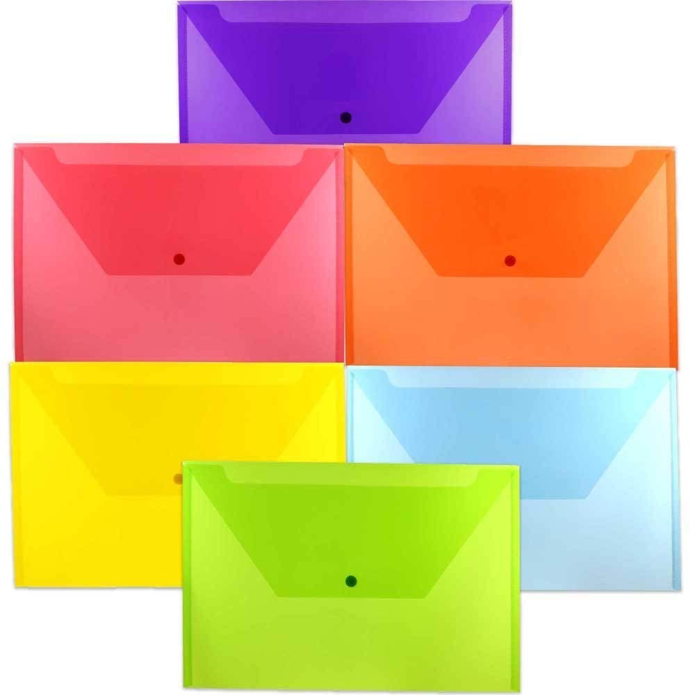 JAM PAPER Plastic Document Wallets with Snap Closure - A4 Booklet Envelope - 247.6 x 368.3 mm - Assorted Colours - 6/Pack