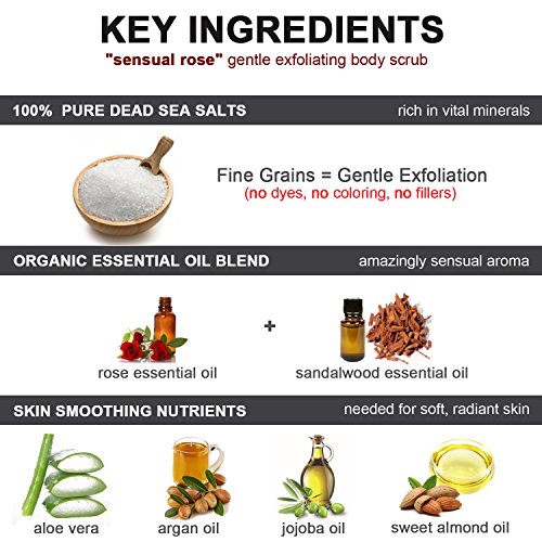 Best ORGANIC Exfoliating Body Scrub - "SENSUAL ROSE" - 100% Pure Dead Sea Salt Scrub / Ultra Hydrating & Moisturizing with SKIN SMOOTHING Jojoba, Sweet Almond & Argan Oils - 12oz...