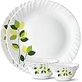 Larah by Borosil Green Leaves Silk Series Opalware Dinner Set, 6 Pieces, White, Opal Glass Dinner Plates & Bowls, Crockery Set for Dining