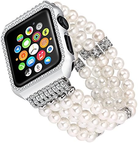 Apple Watch Band Replacement, Solomo Luxury Bling Diamonds Metal Case with Handmade Elastic Stretch Bracelet iWatch Strap Gilrs Women Rhinestone Wristband for Apple Watch Series 3/2/1 (38MM White)