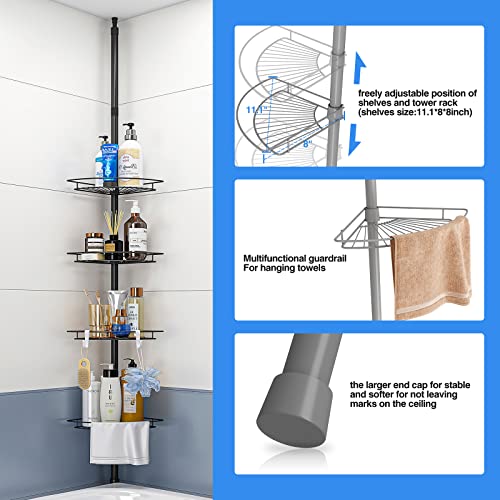 AIYAKA Tension Corner Shower Pole Caddy, with 2 Hooks, Bathroom Storage