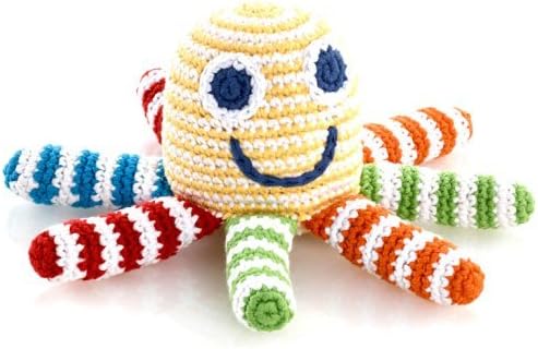 Pebble Octopus Soft Toy Rattle Hand Made and Fair Trade. Yellow.