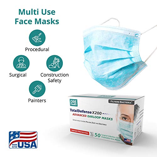 Dre Health 3 Ply Disposable Face Masks, 50 Count Made in the USA