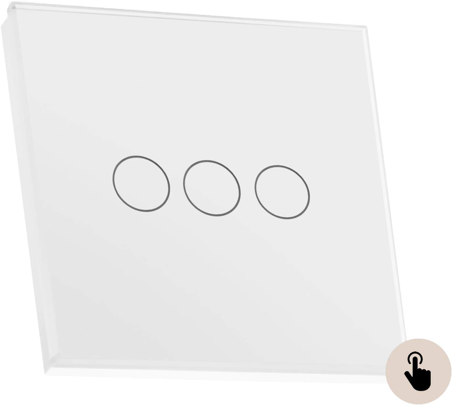 Sardini Home Bianco White Tempered Glass UK Touch Screen Single Wall Light Switch - 3 Gang 1 Way with Responsive LED On/Off Indicator