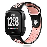 Hagibis Compatible Fitbit Versa Bands Sport Silicone Replacement Breathable Strap Bands New Fitbit Versa Smart Fitness Watch (1.Black&Pink)