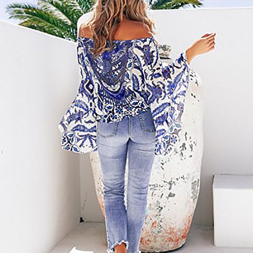 Hmlai Clearance Women Summer Fashion Off Shoulder Floral Printed Blouse Short Sleeve Casual Tops T-Shirt (S, Blue) - Thumbnail 4