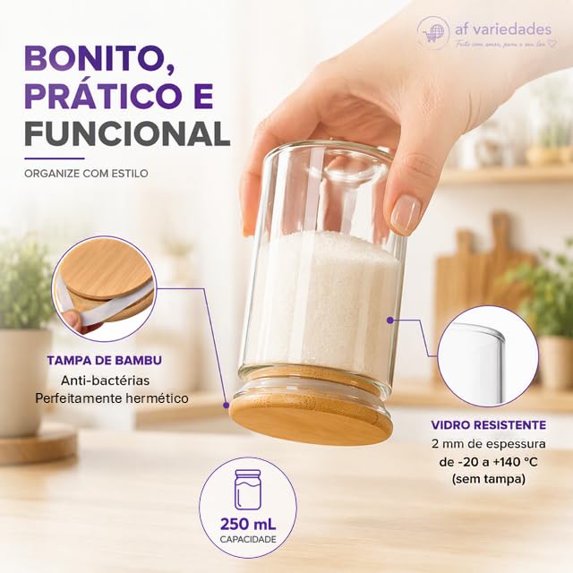 Kit 10 Potes Herméticos de Vidro 250 ml com Tampa de Bambu Redondo | Conjunto de Porta Mantimentos | Organizador de Cozinha com Vedação de Silicone para Temperos, Grãos, Café, Açúcar e Alimentos